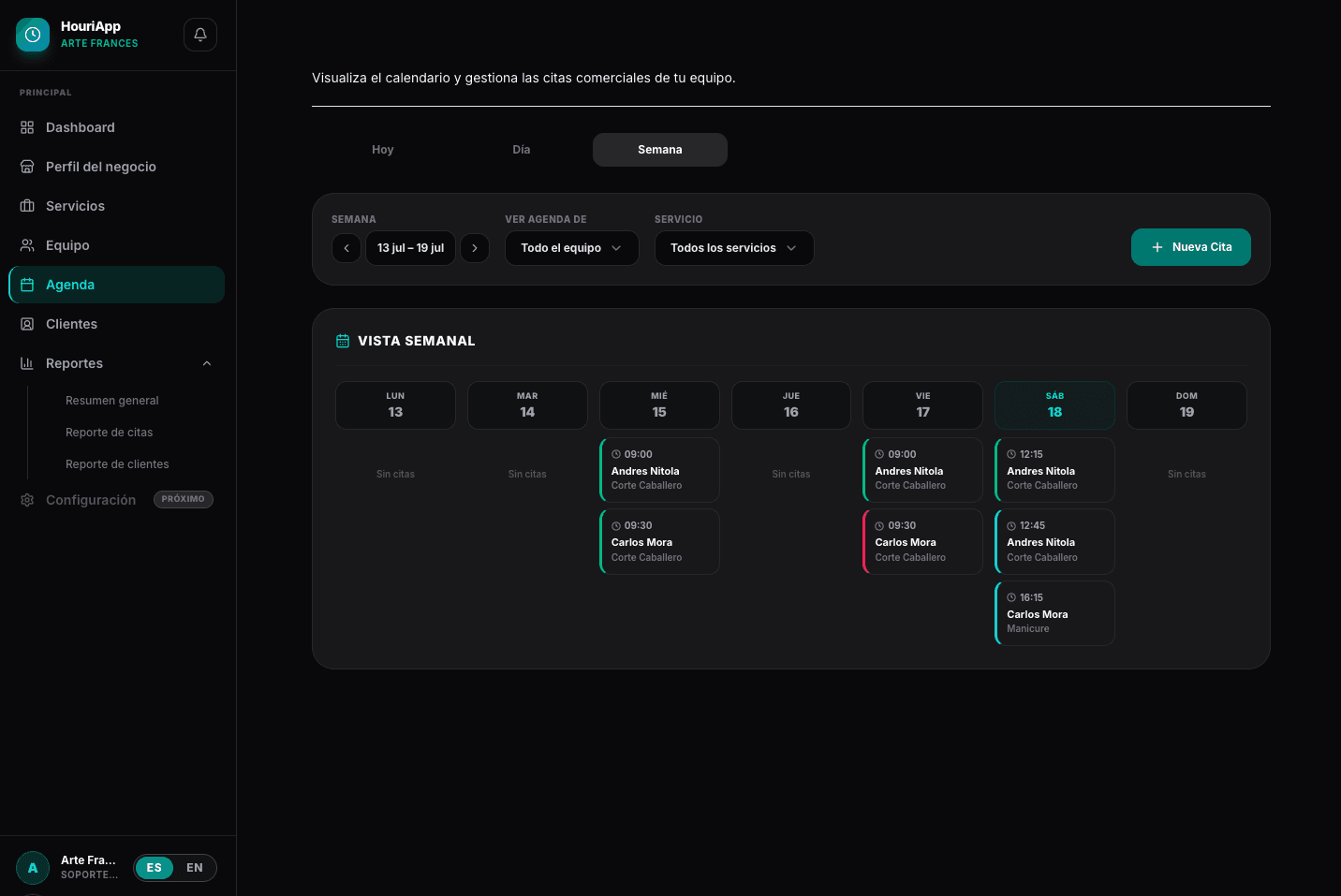 Portal de reservas y agenda de HouriApp